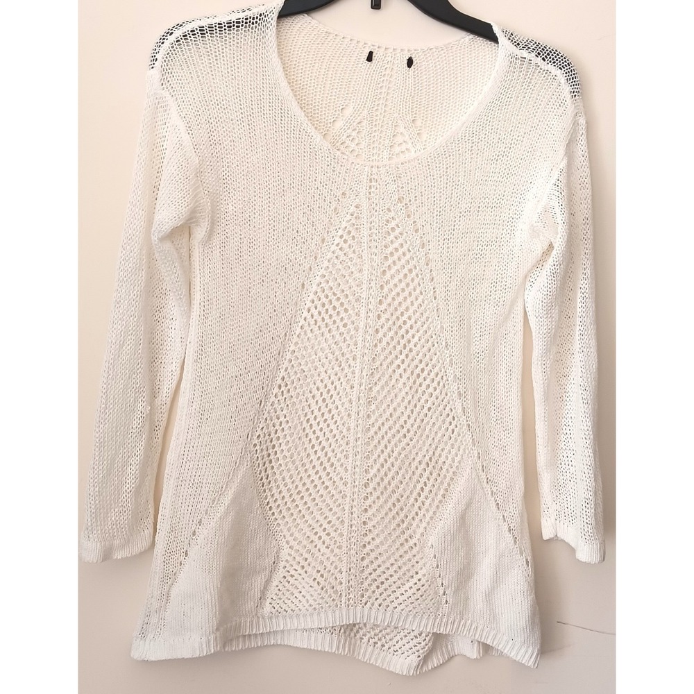 Womens White Open Knit Mesh Sweater Scoop Neck Pointelle Pullover Swim Coverup